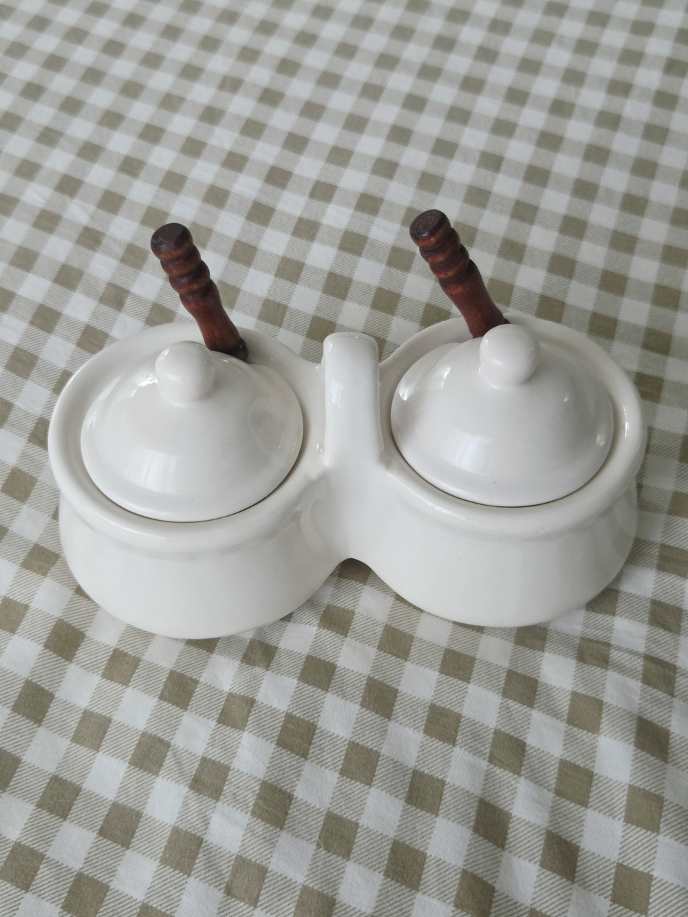 Vintage Houston Harvest Ceramic White Double Condiment Jelly Jam Jar/Spoons/Lids
